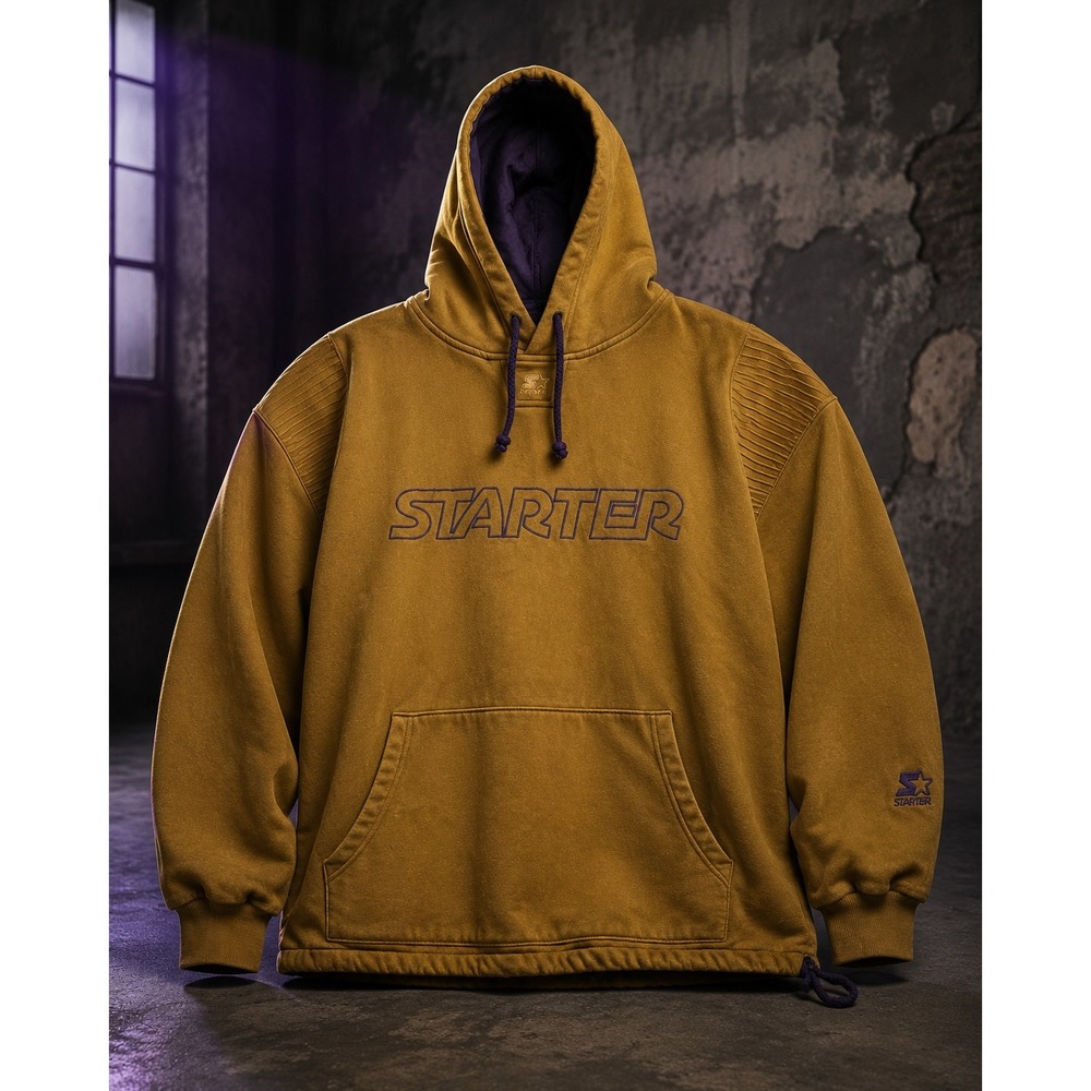 Vintage 90s Starter Sport Hoodie Men's L Mustard Purple Embroidered Grunge